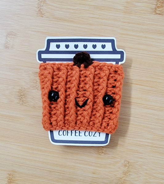 Happy Pumpkin Coffee Cozy - Hand crocheted cup sleeve