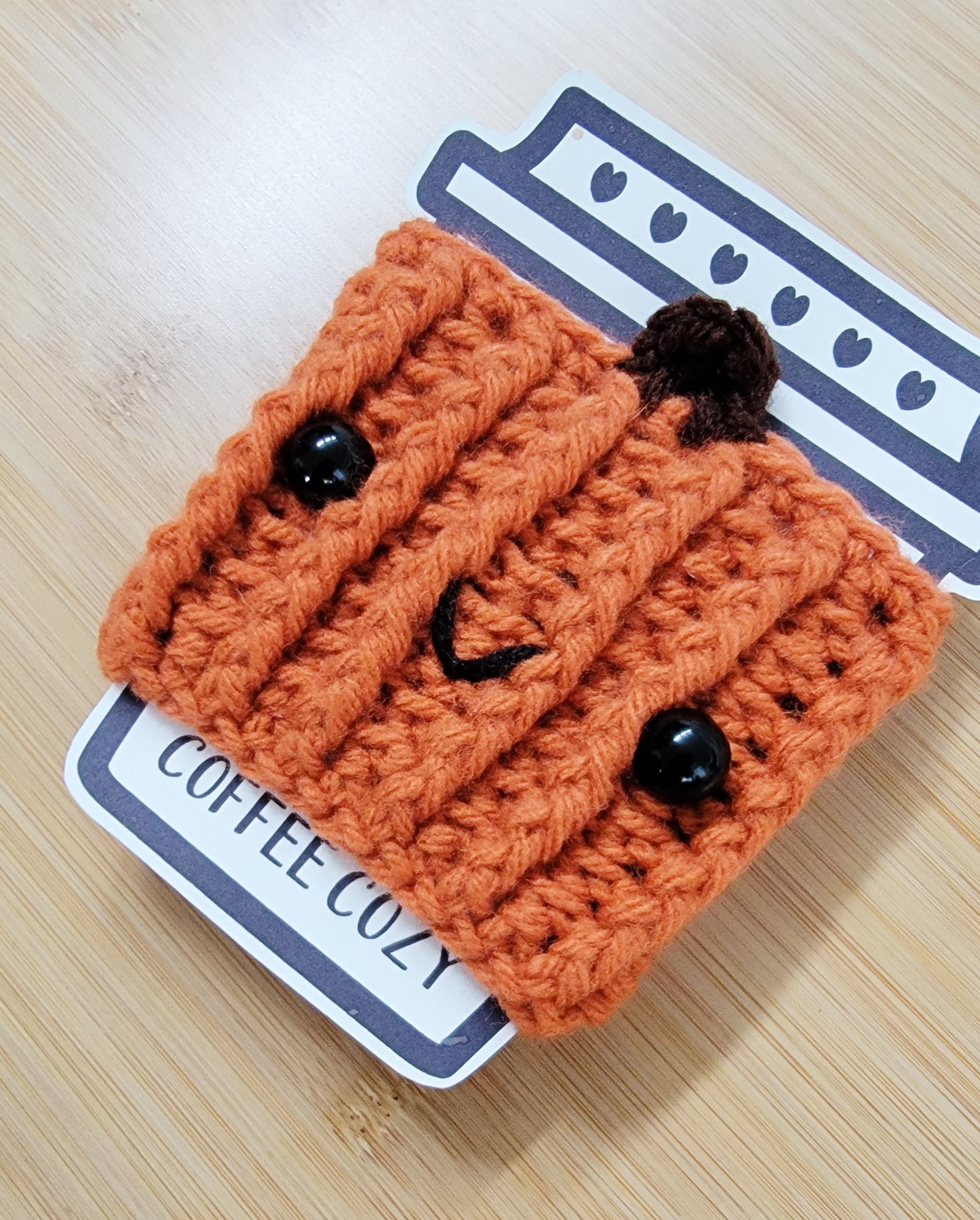 Happy Pumpkin Coffee Cozy - Hand crocheted cup sleeve