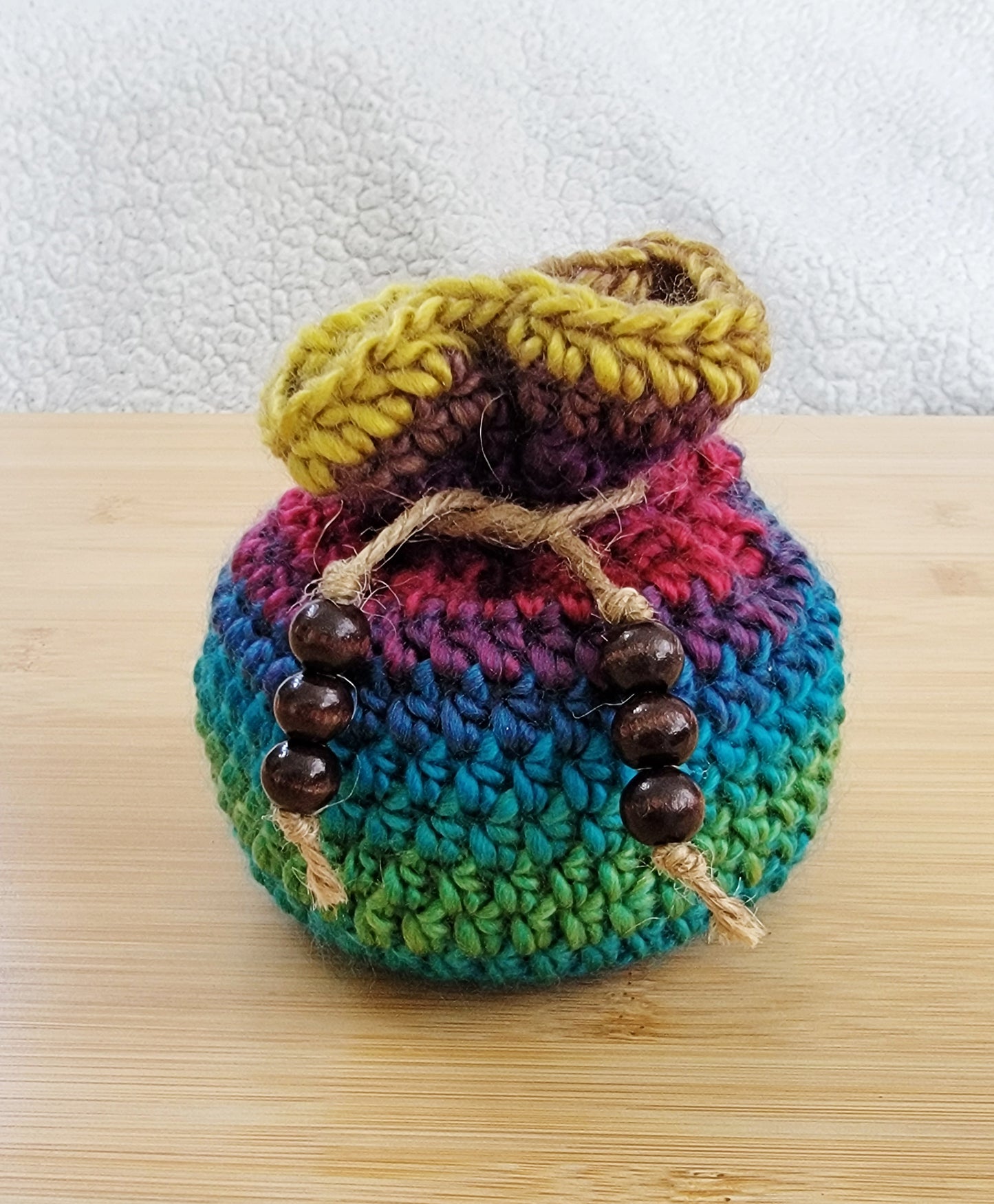 Jewel Toned Rainbow Dice Bag - Hand crocheted Draw String Pouch