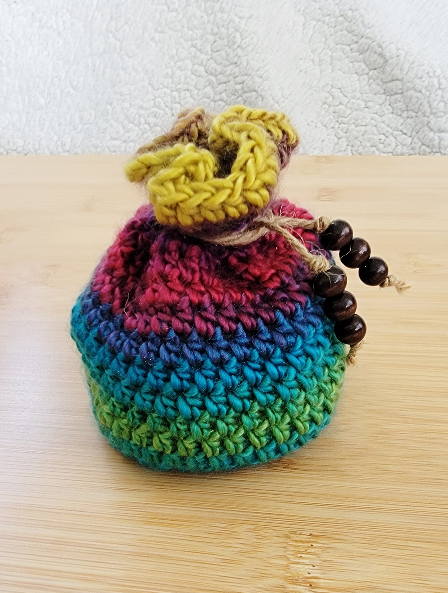 Jewel Toned Rainbow Dice Bag - Hand crocheted Draw String Pouch