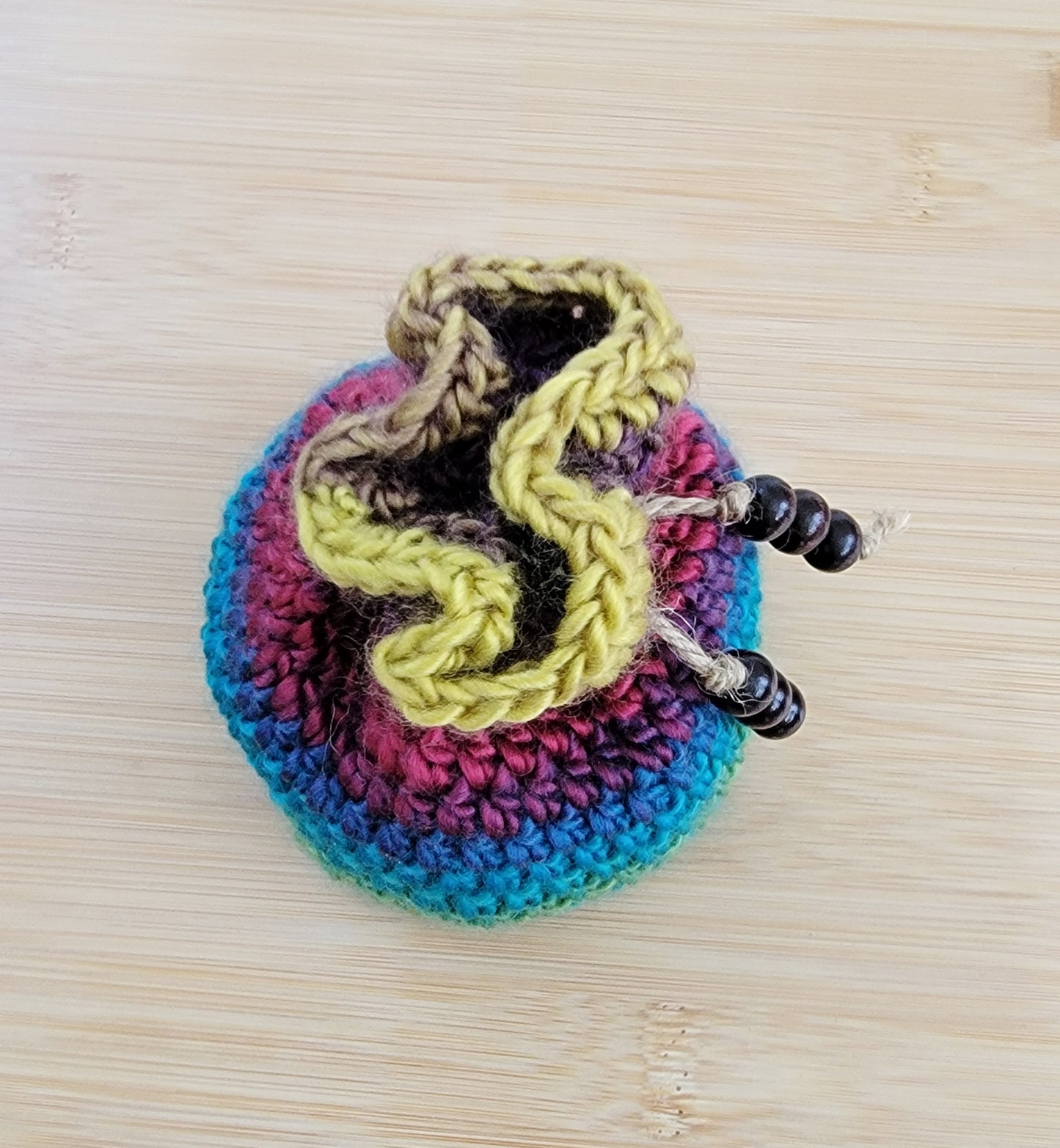 Jewel Toned Rainbow Dice Bag - Hand crocheted Draw String Pouch