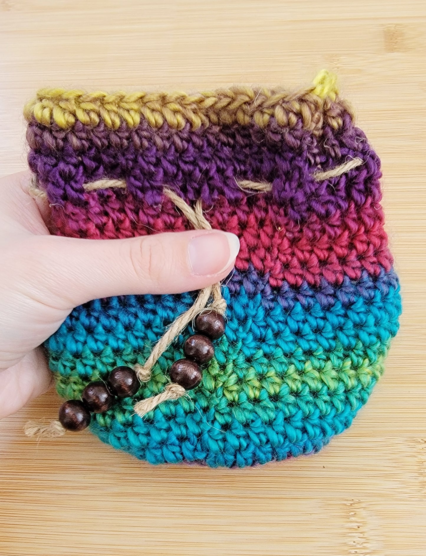 Jewel Toned Rainbow Dice Bag - Hand crocheted Draw String Pouch