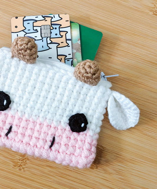 Mini Cow Zip Pouch - Hand crocheted credit card wallet - Sample Sale