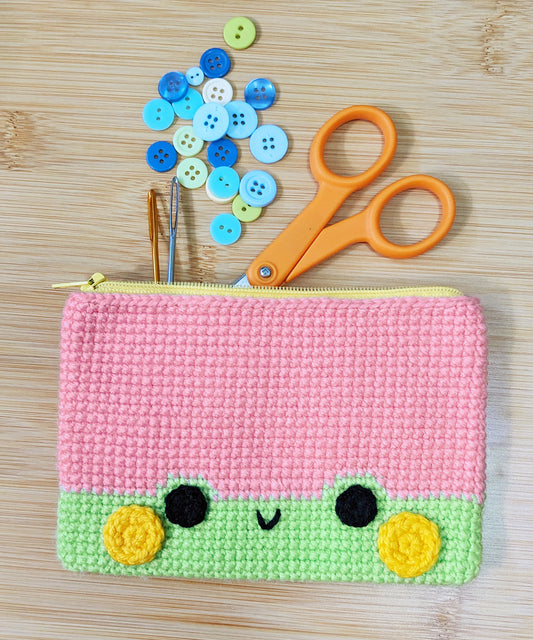 Small Frog Zip Pouch - Hand crocheted froggy zippered bag - Sample Sale