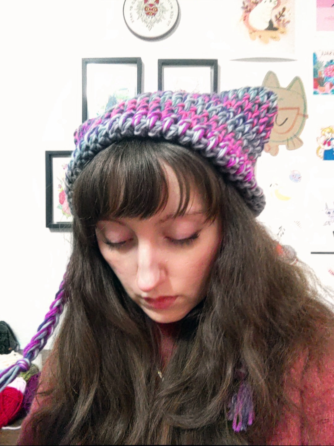 Crochet Goth Kitty Cat Ears Hat