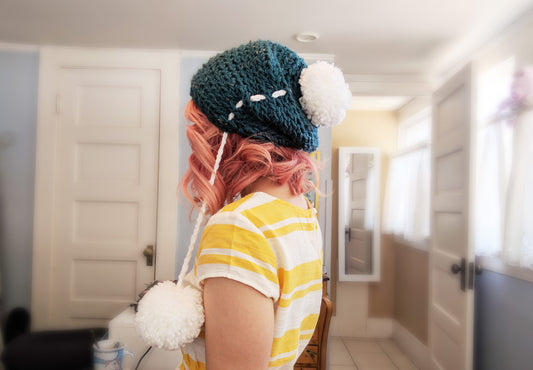 Teal Slouchy Beanie with giant pom poms