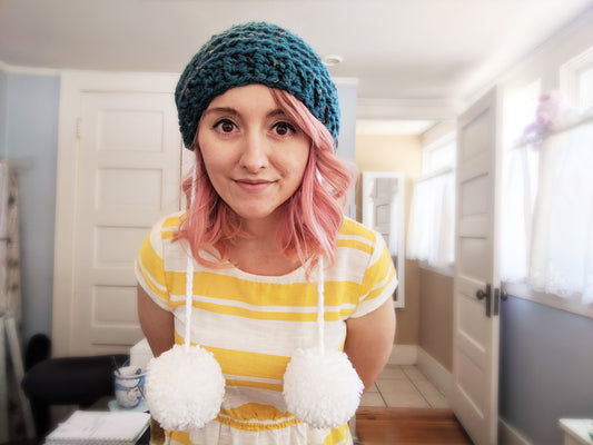 Teal Slouchy Beanie with giant pom poms