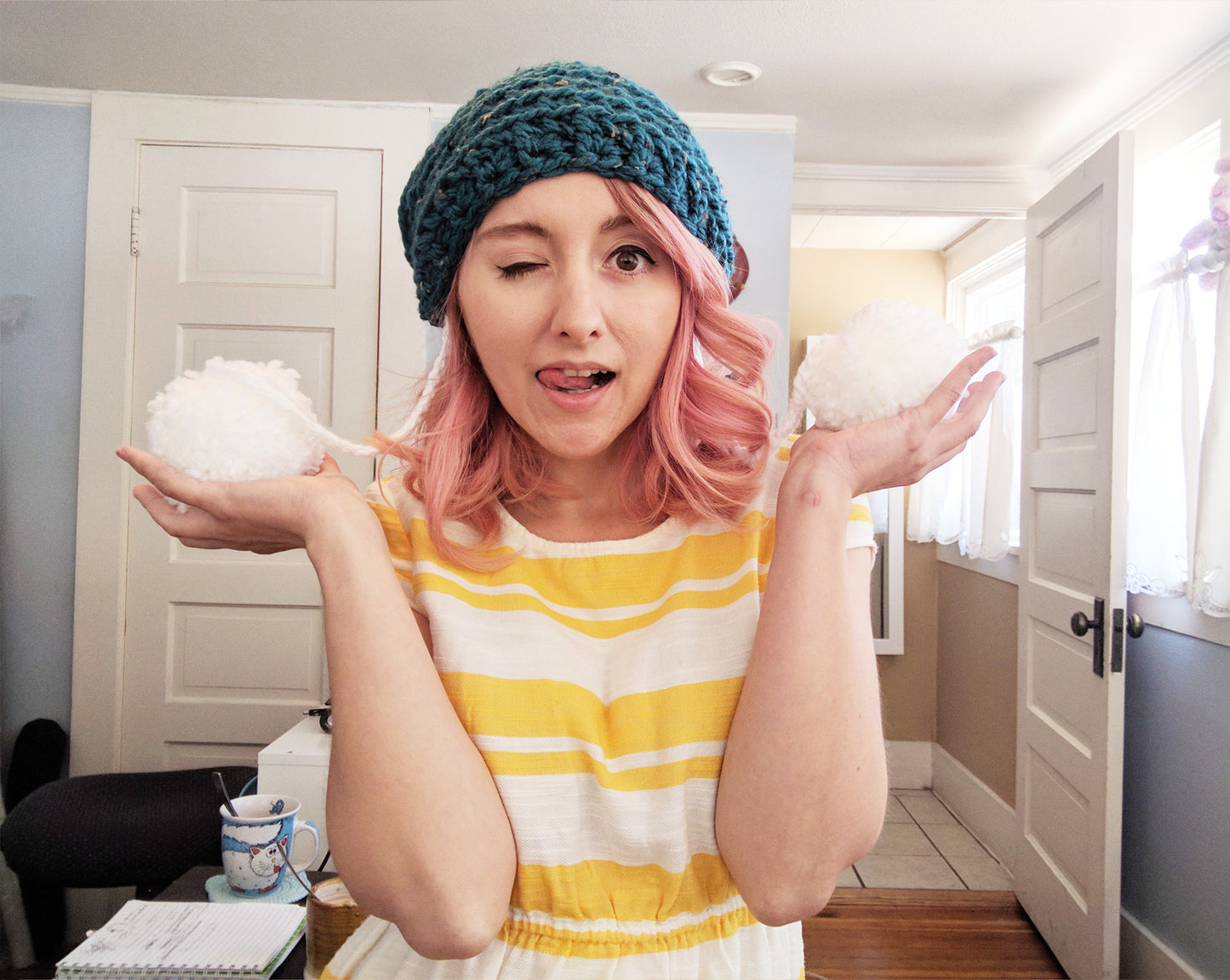 Teal Slouchy Beanie with giant pom poms