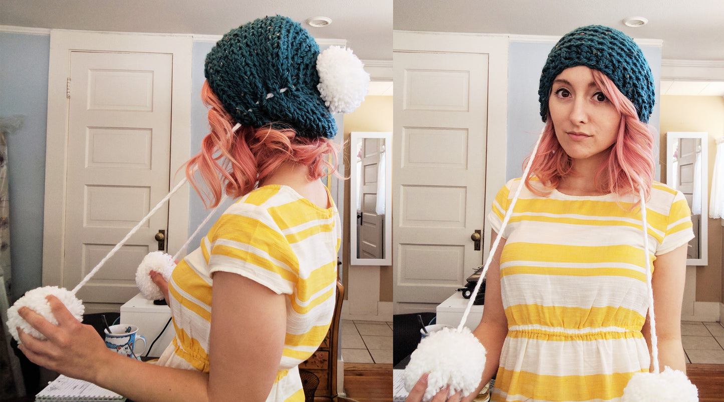 Teal Slouchy Beanie with giant pom poms