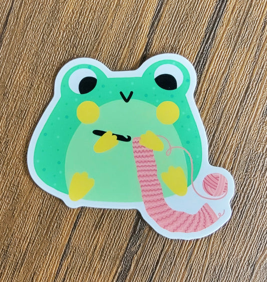 Kawaii Crocheting Frog Vinyl Sticker