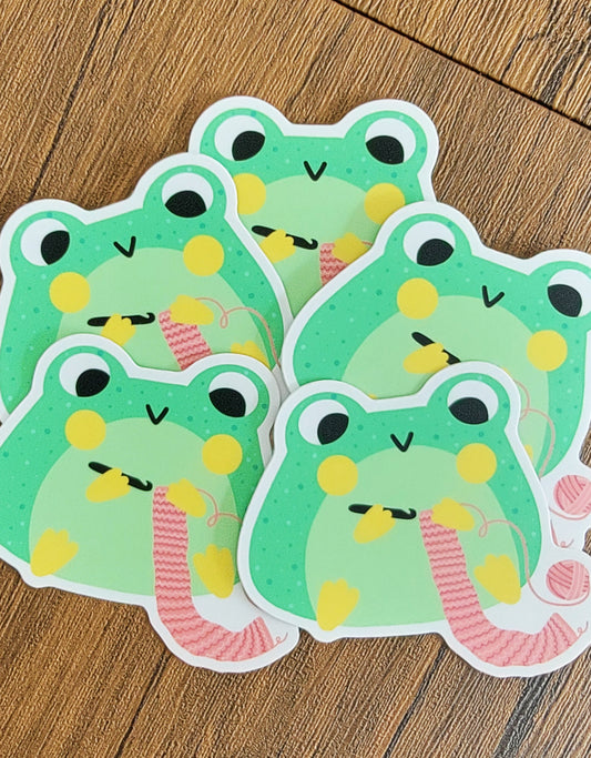 Kawaii Crocheting Frog Vinyl Sticker
