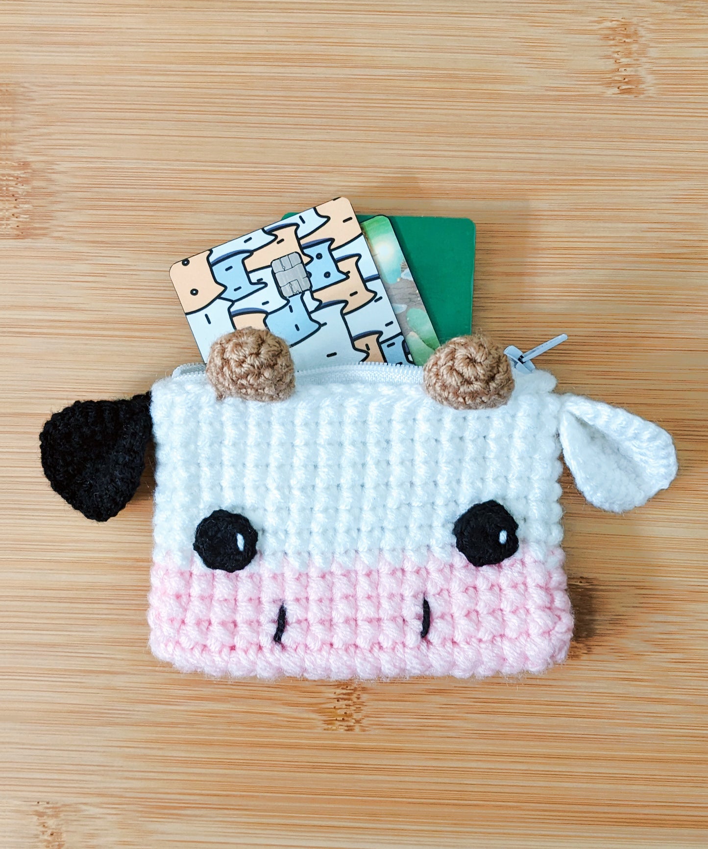 Mini Cow Zip Pouch - Hand crocheted credit card wallet - Sample Sale