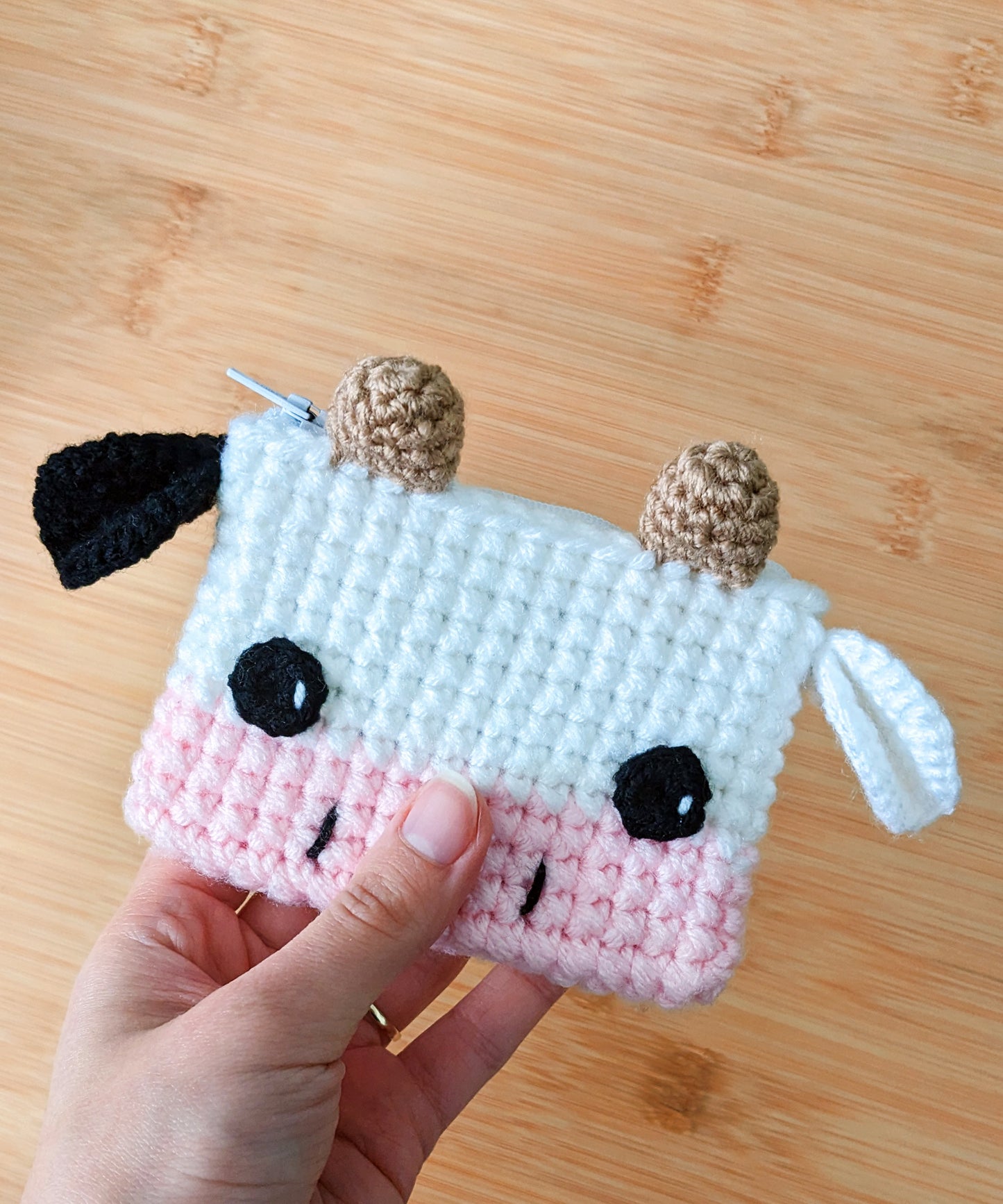 Mini Cow Zip Pouch - Hand crocheted credit card wallet - Sample Sale