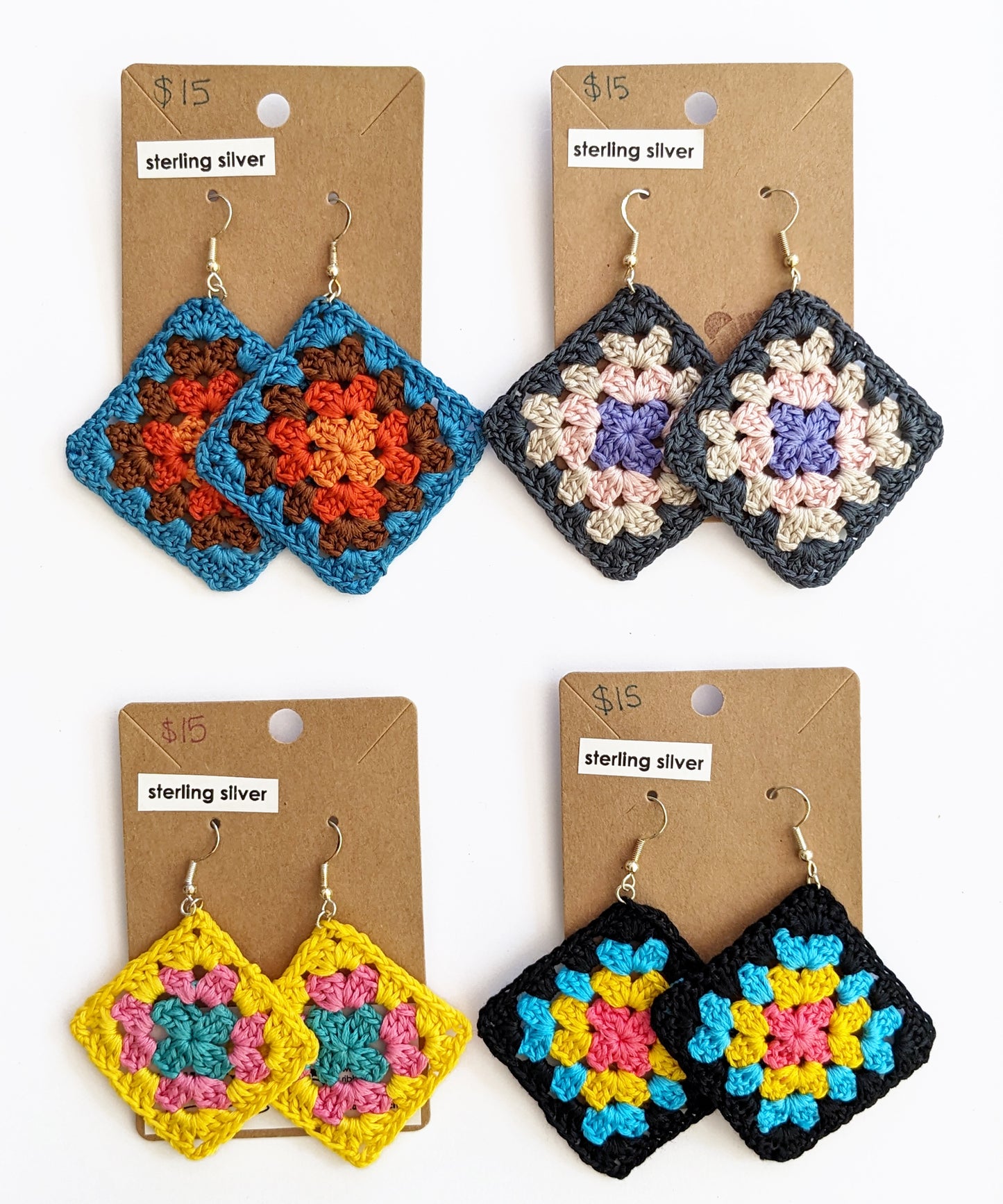 Sterling Silver Granny Square Earrings - Choose your color