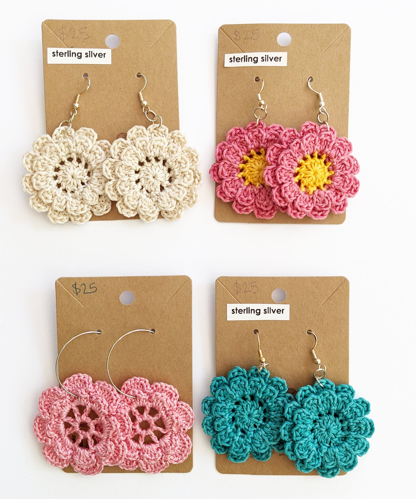 Sterling Silver Crochet Flower Earrings - Choose your favorite flower