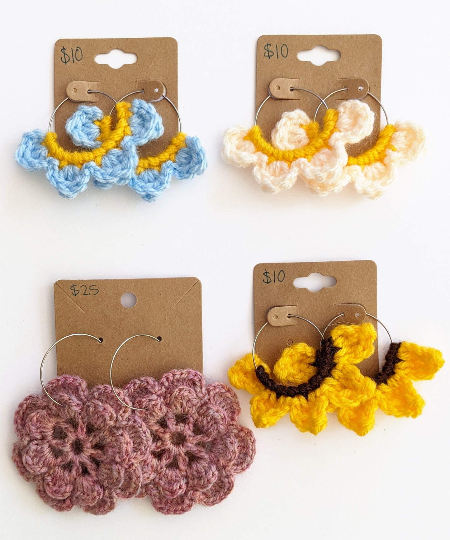 Crochet Flower Stainless Steel Hoop Earrings - Choose your favorite flower