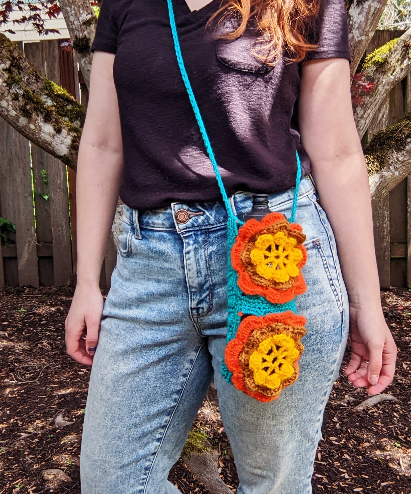 Retro 70s Water Bottle or Phone Crossbody Bag - Hand crocheted granny squares - Sample Sale