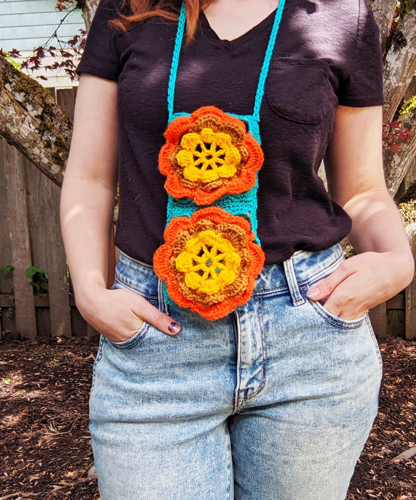 Retro 70s Water Bottle or Phone Crossbody Bag - Hand crocheted granny squares - Sample Sale