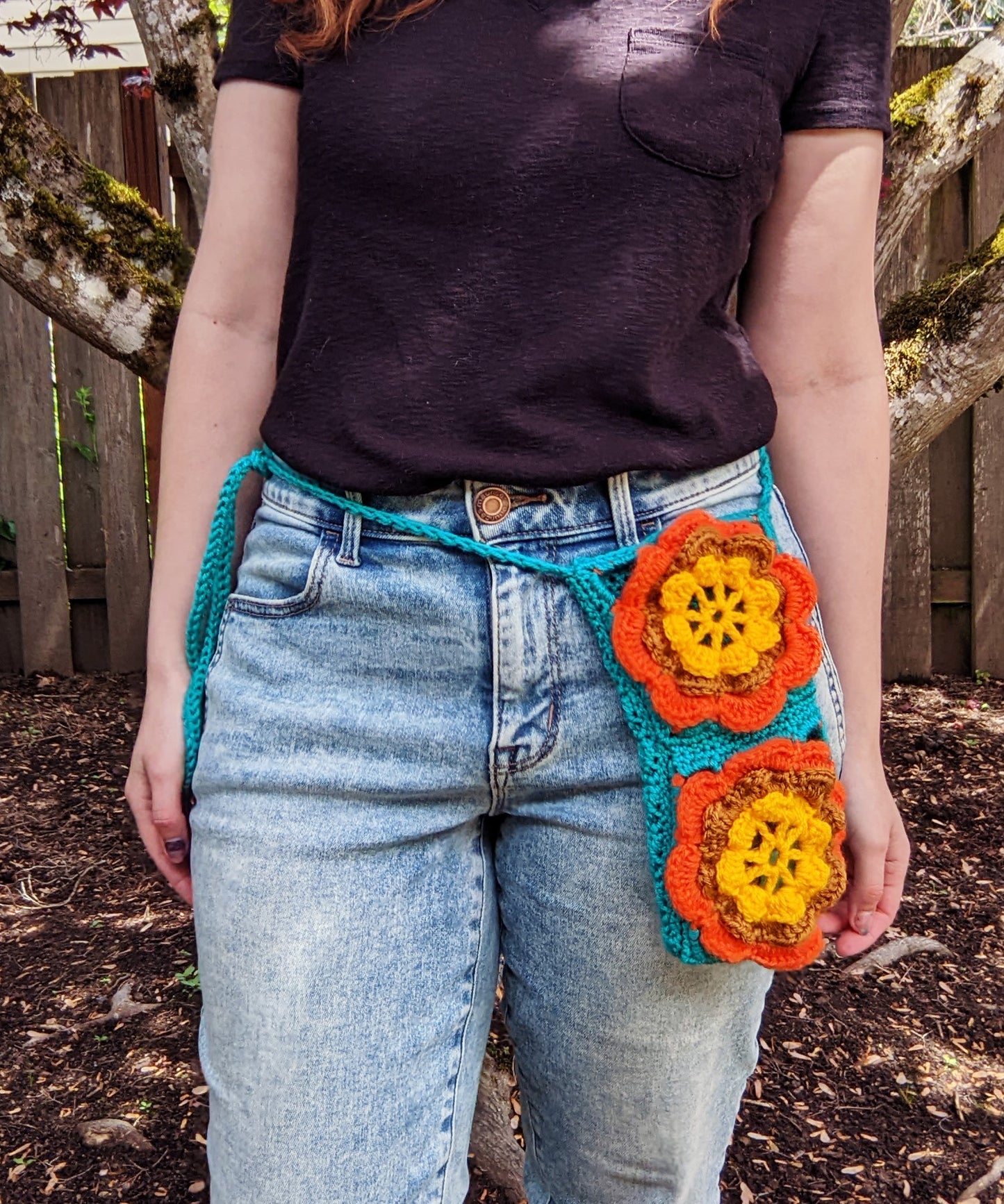 Retro 70s Water Bottle or Phone Crossbody Bag - Hand crocheted granny squares - Sample Sale