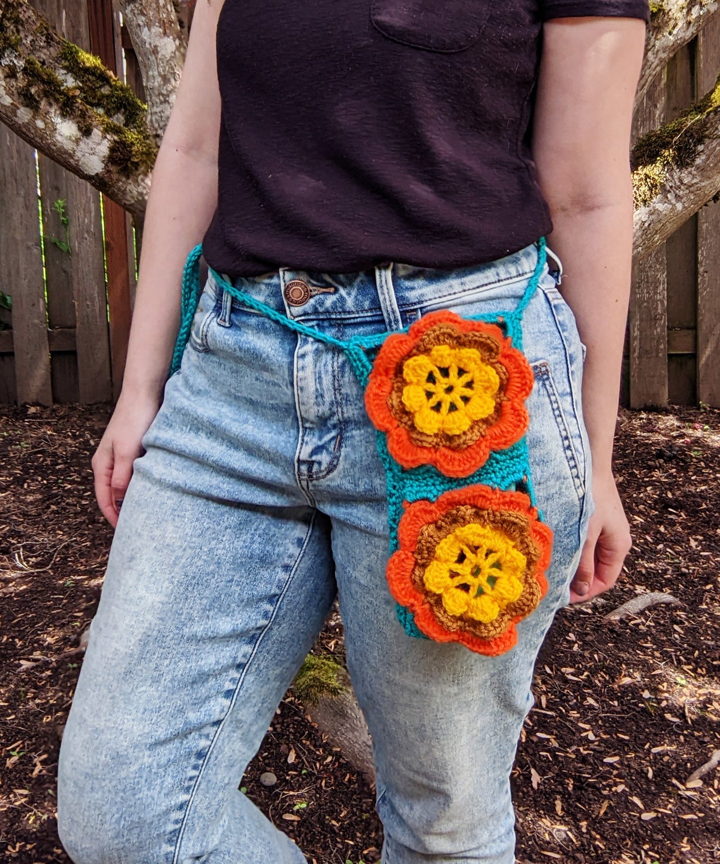 Retro 70s Water Bottle or Phone Crossbody Bag - Hand crocheted granny squares - Sample Sale