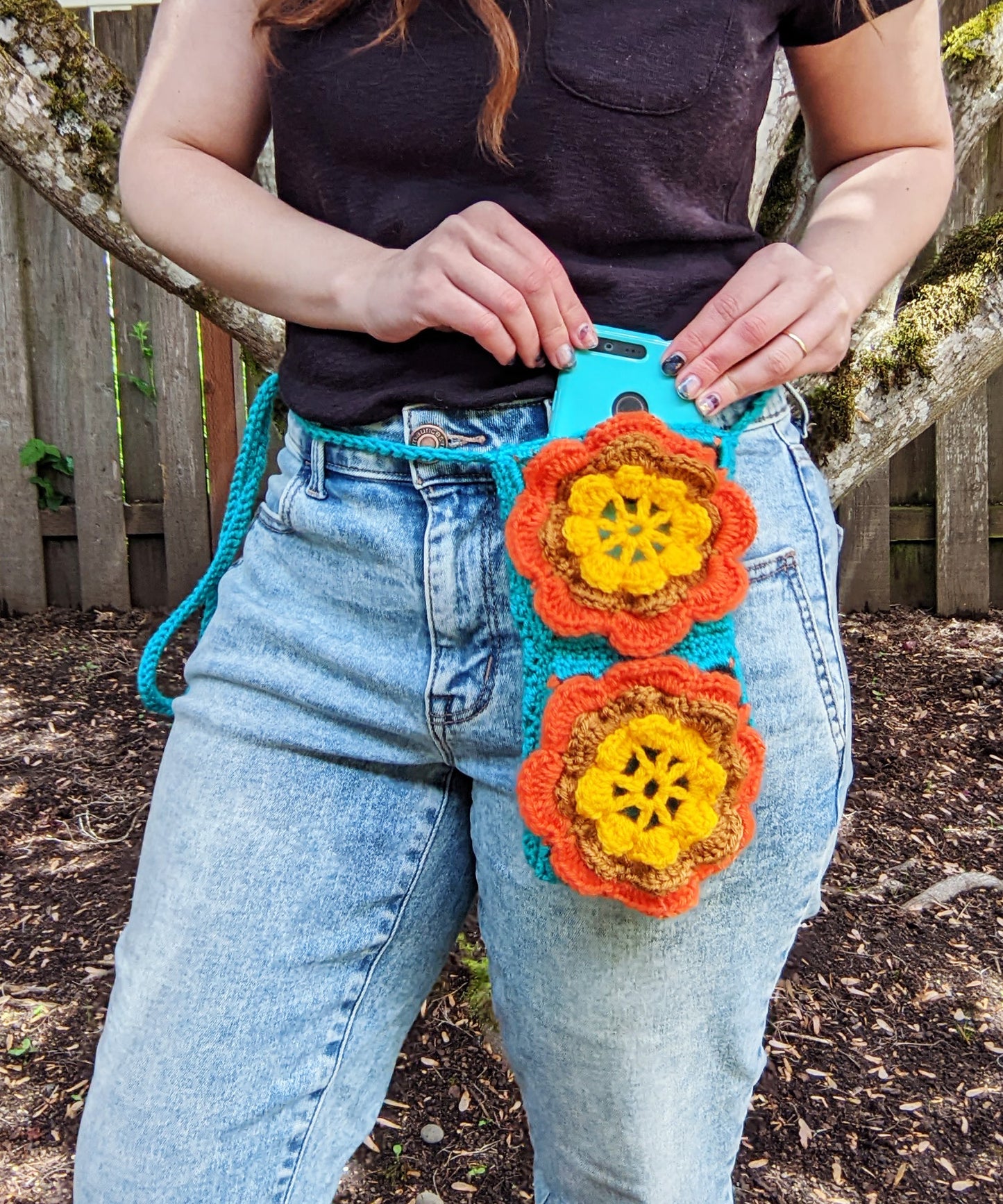 Retro 70s Water Bottle or Phone Crossbody Bag - Hand crocheted granny squares - Sample Sale