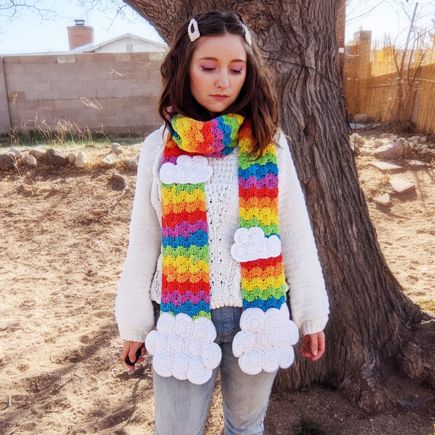 Crochet Pattern: Rainbow and Clouds Scarf